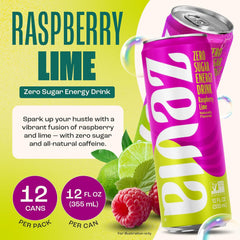 Zevia Zero Sugar Energy Drink,Raspberry Lime,12 oz Cans – Naturally Sweetened,Zero Calorie Sugar Free Energy - Non-GMO Project Verified,Gluten-Free,Vegan,(Pack of 24)