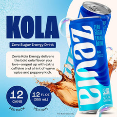 Zevia Zero Sugar Energy Drink,Kola,12 oz Cans – Naturally Sweetened,Non-GMO Project Verified,Gluten-Free,Vegan,(Pack of 24)