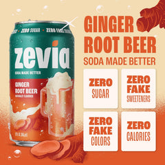Zevia Zero Sugar Soda, Ginger Root Beer, 12 oz Cans (24-Pack) – Naturally Sweetened, Zero Calorie Sugar Free Soda - Non-GMO Project Verified, Gluten-Free, Vegan