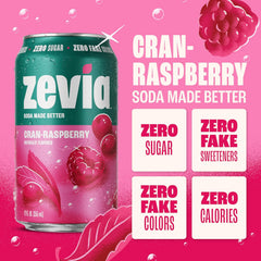 Zevia Zero Sugar Soda, Cran-Raspberry, 12 oz Cans (6-Pack) – Naturally Sweetened, Zero Calorie Sugar Free Soda - Non-GMO Project Verified, Gluten-Free, Vegan