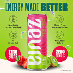 Zevia Zero Sugar Energy Drink, Strawberry Kiwi, 12 oz Cans (12-Pack) – Naturally Sweetened, Zero Calorie Sugar Free Energy - Non-GMO Project Verified, Gluten-Free, Vegan