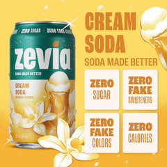 Zevia Zero Sugar Soda, Cream Soda, 12 oz Cans (8-Pack) – Naturally Sweetened, Non-GMO Project Verified, Gluten-Free, Vegan