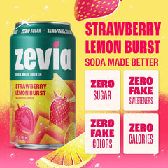 Zevia Zero Sugar Soda, Strawberry Lemon Burst, 12 oz Cans (8-Pack) – Naturally Sweetened, Zero Calorie Sugar Free Soda - Non-GMO Project Verified, Gluten-Free, Vegan