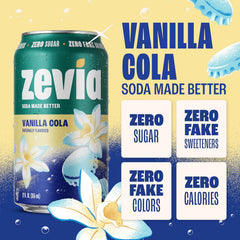 Zevia Zero Sugar Soda, Vanilla Cola, 12 oz Cans (8-Pack) – Naturally Sweetened, Non-GMO Project Verified, Gluten-Free, Vegan