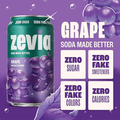 Zevia Zero Sugar Soda, Grape, 12 oz Cans (8-Pack) – Naturally Sweetened, Non-GMO Project Verified, Gluten-Free, Vegan