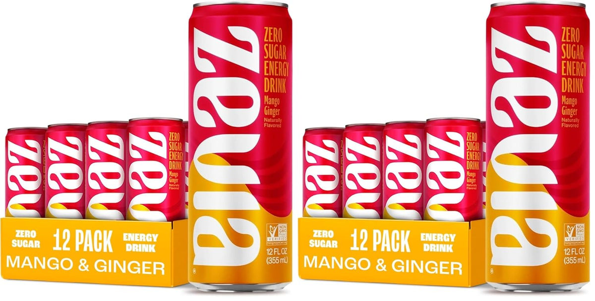 Zevia Zero Sugar Energy Drink,Mango Ginger,12 oz Cans – Naturally Sweetened,Zero Calorie Sugar Free Energy - Non-GMO Project Verified,Gluten-Free,Vegan,(Pack of 24)