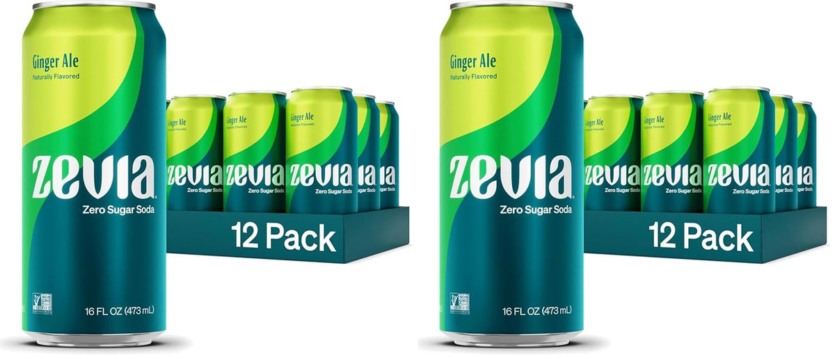 Zevia Zero Sugar Soda,Ginger Ale,16 oz Cans – Naturally Sweetened,Non-GMO Project Verified,Gluten-Free,Vegan,(Pack of 24)