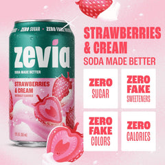 Zevia Zero Sugar Soda, Strawberries and Cream, 12 oz Cans (24-Pack) – Caffeine Free, Naturally Sweetened, No Calorie Soda - Non-GMO Project Verified, Gluten-Free, Vegan