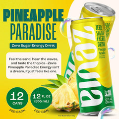 Zevia Zero Sugar Energy Drink, Pineapple Paradise, 12 oz Cans (12-Pack) – Naturally Sweetened, Non-GMO Project Verified, Gluten-Free, Vegan
