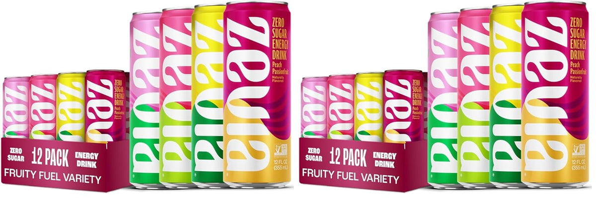 Zevia Zero Sugar Energy Drink, Fruity Fuel Variety Packs, 12 oz Cans – Naturally Sweetened, Non-GMO Project Verified, Gluten-Free, Vegan, (Pack of 24)