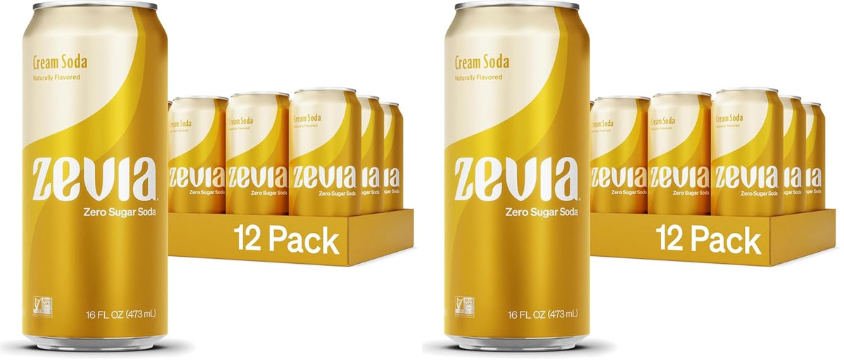 Zevia Zero Sugar Soda,Cream Soda,16 oz Cans – Naturally Sweetened,Non-GMO Project Verified,Gluten-Free,Vegan,(Pack of 24)