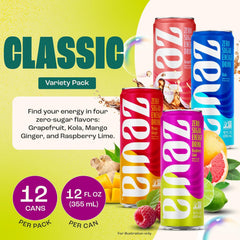 Zevia Zero Sugar Energy Drink,Classic Variety Pack,12 oz Cans – Naturally Sweetened,Non-GMO Project Verified,Gluten-Free,Vegan,(Pack of 24)